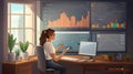 Woman working finance trade manager analyzing stock future market illustration