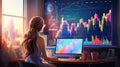 Woman working finance trade manager analyzing stock future market illustration