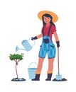 Woman working in garden. Cartoon young female planting and watering tree. Gardener with shovel and bucket. Isolated