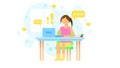 Woman Working From Home Freelance With Laptop Cartoon People Character Concept Illustration Vector Design Style With Leaves Royalty Free Stock Photo