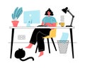 Woman working from home. Freelance, online education, social media concept.