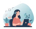 Woman Working at Home Office. Character Sitting at Desk in Room, Looking at Computer Screen and Talking with Colleagues Online. Royalty Free Stock Photo