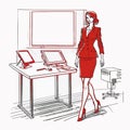 Woman Working at Home Office. Character Sitting at Desk in Room, Looking at Computer Screen Royalty Free Stock Photo