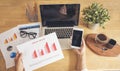 Woman working at home office desk using laptop business financial document chart and graph on wooden table with coffee cup. Woman Royalty Free Stock Photo