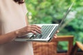 Woman working at home office hand on keyboard close up Royalty Free Stock Photo