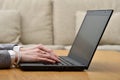 Woman working at home office hands on keyboard close up. Royalty Free Stock Photo