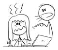 Woman Working at Home Office or Worker Typing on Computer, Husband or Boss is Yelling, Vector Cartoon Stick Figure Royalty Free Stock Photo