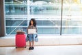 Woman working with laptop at the airport waiting at the window Royalty Free Stock Photo