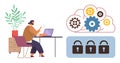 Woman Working on Laptop with Cloud Computing Elements, Gears, and Security Locks Royalty Free Stock Photo