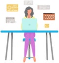 Woman working with laptop and computer at desk. Software developer programmer, system administrator Royalty Free Stock Photo