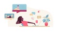 Woman working on laptop and dreaming of vacation flat vector illustration