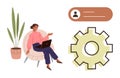Woman Working on Laptop with Gear Icon and Profile Interface for Workflow and Personalization Concept Royalty Free Stock Photo
