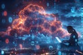 Woman Engaged in Cloud Computing with Binary Code Cloud