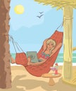 Woman working with laptop in hammock at beach