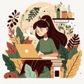 Woman working on laptop from home, freelancer home office hygge concept