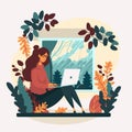 Woman working on laptop from home, freelancer home office hygge concept