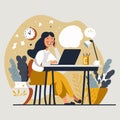 Woman working on laptop from home, freelancer home office hygge concept
