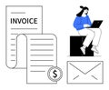Woman Working on Laptop with Invoice, Coin Icon, and Envelope Representing Digital Payment Process Royalty Free Stock Photo