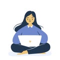 Woman working on laptop. Isolated sitting woman vector illustration.