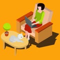 Woman working on laptop isometric vector
