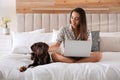 Young woman working on laptop near her dog in bedroom. Home office concept Royalty Free Stock Photo