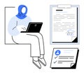 Woman in Headscarf Using Laptop with Signed Document and Checklist Royalty Free Stock Photo