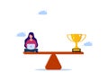 Woman working on laptop with trophy on seesaw. work success concept