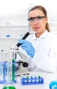 Woman working with a microscope in a lab Royalty Free Stock Photo