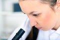 Woman working with a microscope in a lab Royalty Free Stock Photo