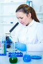 Woman working with a microscope in a lab Royalty Free Stock Photo