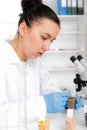 Woman working with a microscope in a lab. Royalty Free Stock Photo