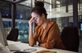 Woman working at night with headache, burnout and stress over social media marketing project or company deadline Royalty Free Stock Photo