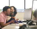 Woman Working In Office Based Business Training Man With Down Syndrome Holding Pet Dachsund Dog Royalty Free Stock Photo