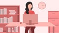 Woman working at office computer desk from front view, work from home and flexible work hour character vector illustration