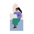 A woman working or studying on a laptop. In minimalist style Cartoon flat Vector Illustration