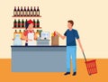 Woman working at supermarket cash register with a customer