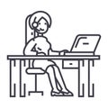 Woman working on table with laptop and headset,support service vector line icon, sign, illustration on background