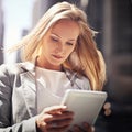 Woman, working and tablet with city, commute and street with career for travel startup. Entrepreneur, technology and Royalty Free Stock Photo