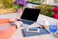 Woman working with tech gadgets outdoors Royalty Free Stock Photo