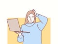 woman working using computer laptop confuse and wondering about question simple korean style illustration