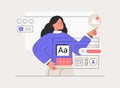 Woman working on web and application development on computers. Woman character working on website or application, ui ux Royalty Free Stock Photo