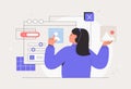 Woman working on web and application development on computers. Woman character working on website or application, ui ux Royalty Free Stock Photo