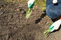 Woman working in your garden - preparing the soil for raised beds Royalty Free Stock Photo