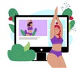 Woman doing online yoga workout session. Vector illustration Royalty Free Stock Photo