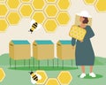 Woman working in an apiary with bees, Flat vector stock illustration with rescuing bees and producing honey