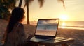 Woman works on a laptop at the beach at sunset photo realistic illustration - Generative AI.