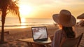 Woman works on a laptop at the beach at sunset photo realistic illustration - Generative AI.