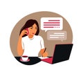 A woman works on a laptop computer and talks on the phone sitting at a table at home with a Cup of coffee and papers. Vector Royalty Free Stock Photo