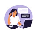 A woman works on a laptop computer and talks on the phone sitting at a table at home with a Cup of coffee and papers. Vector Royalty Free Stock Photo