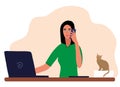 woman works with laptop and talks on the phone. Cat near on paper. Concept remote work, freelance, business. Vector illustration Royalty Free Stock Photo